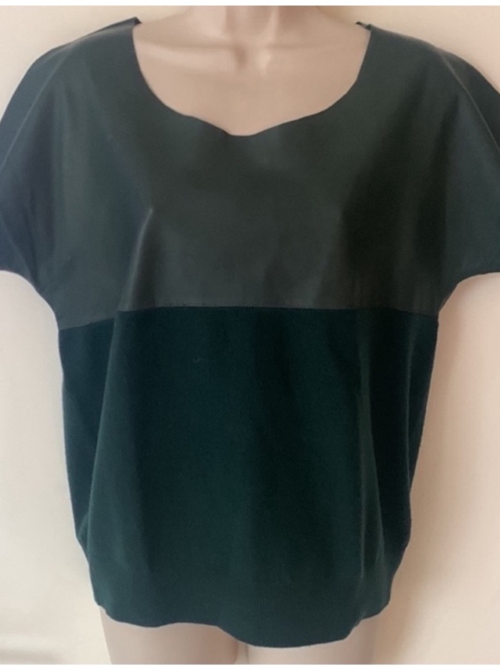 J. Crew Dark Green Mixed Media Leather Merino Wool Dolman Sleeve Sweater M